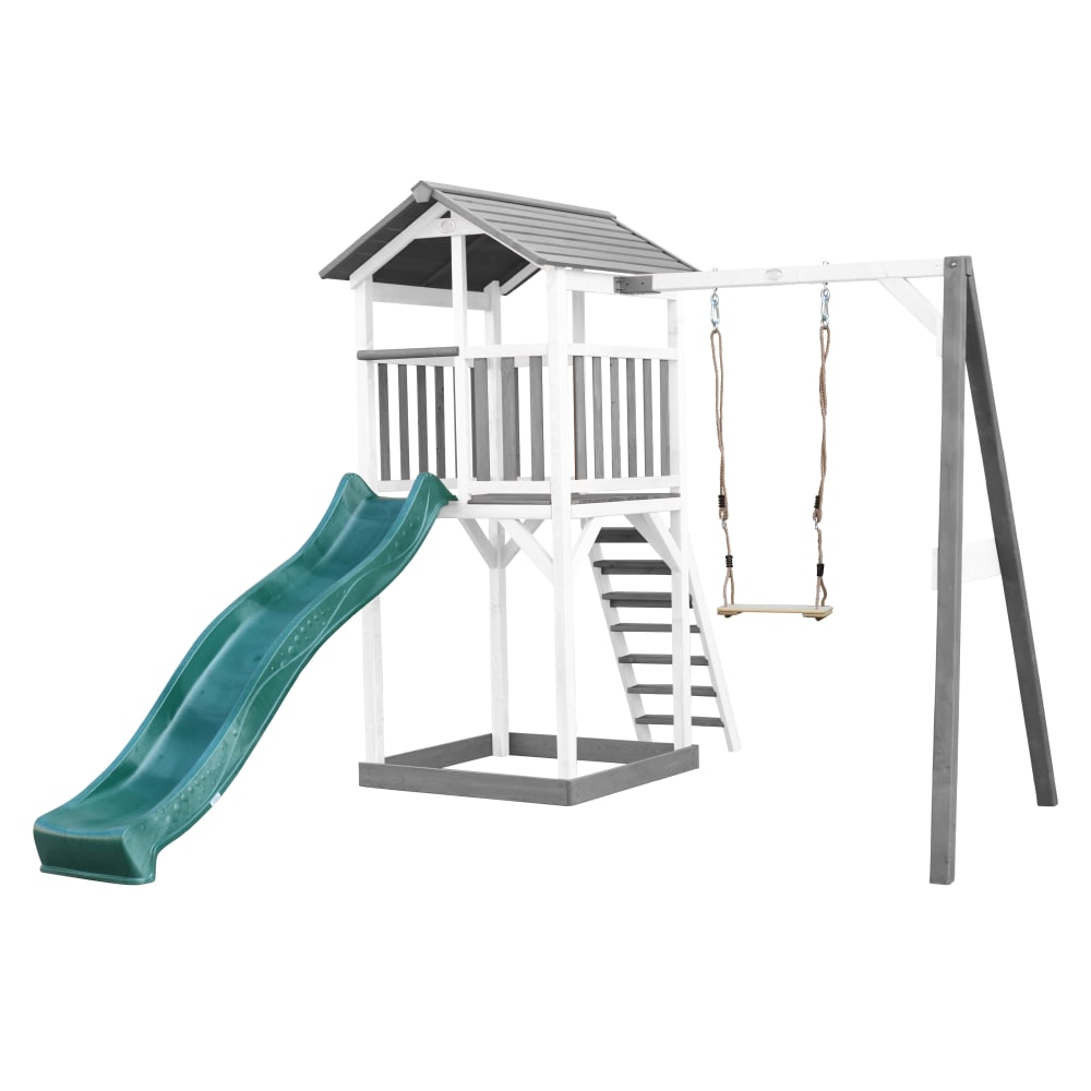 Axi Spielturm mit grüner Rutsche, Sandkasten, Holz, weiß/grau style modern - Holz