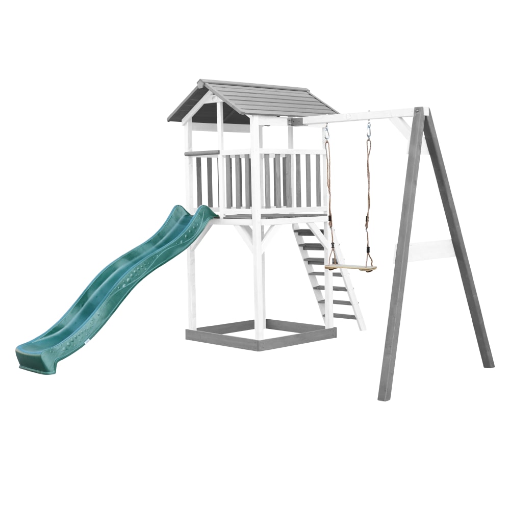 Spielturm mit grüner Rutsche, Sandkasten, Holz, weiß/grau -