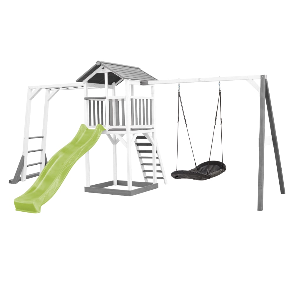Axi Spielturm mit hellgrüner Rutsche, Roxy Nestschaukel, Holz, weiß/grau style modern - Holz