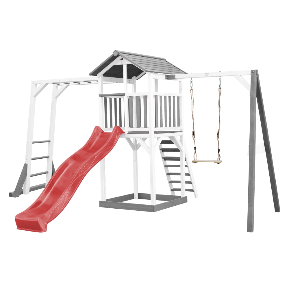 Axi Spielturm mit roter Rutsche, Sandkasten, Holz, weiß/grau style modern - Holz