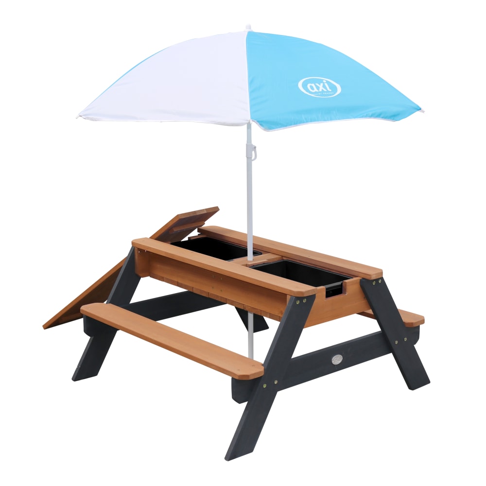 Table de pique-nique sable et eau avec parasol, bois FSC, gris