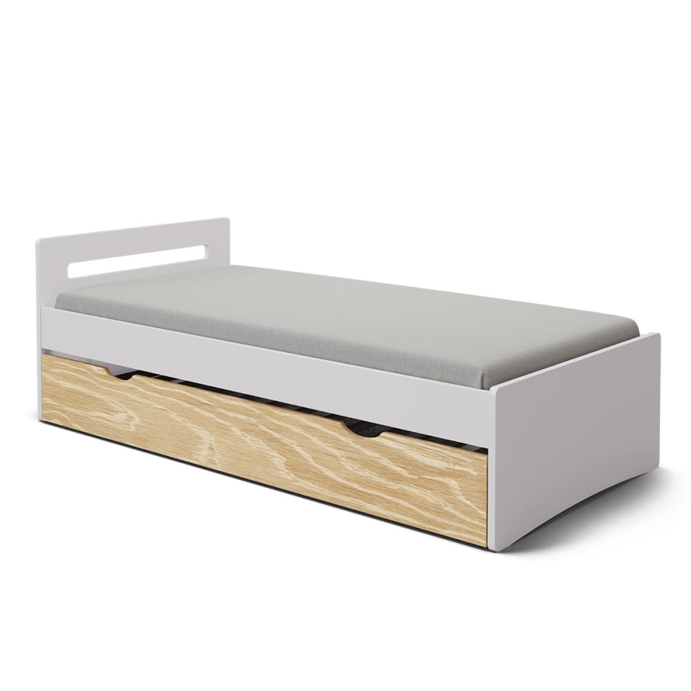 Pack lit gigogne avec matelas blanc et bois 90x200 cm