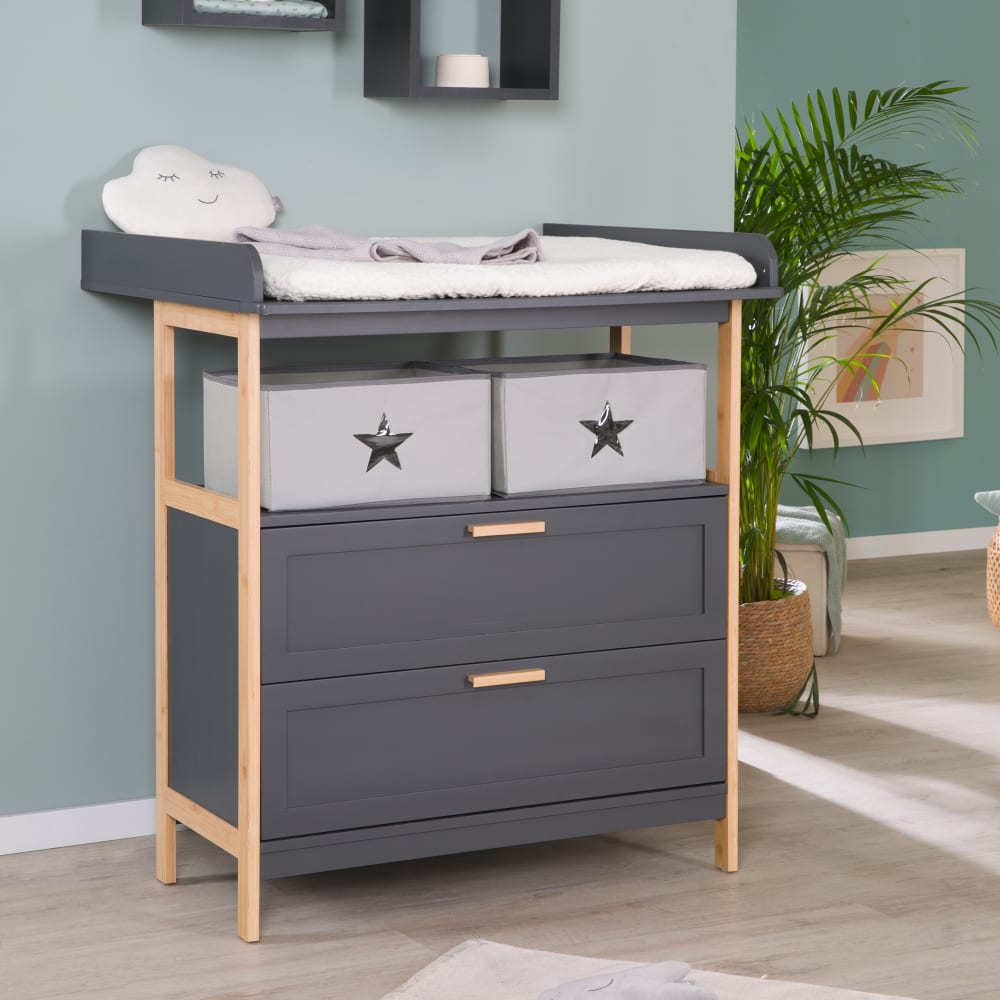 Commode à langer avec 2 tiroirs anthracite-bambou - Maisons du Monde