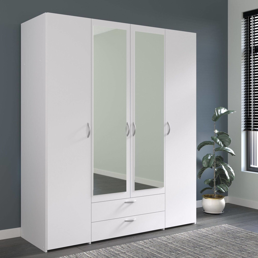Armoire 4 portes 2 miroirs 2 tiroirs effet bois blanc