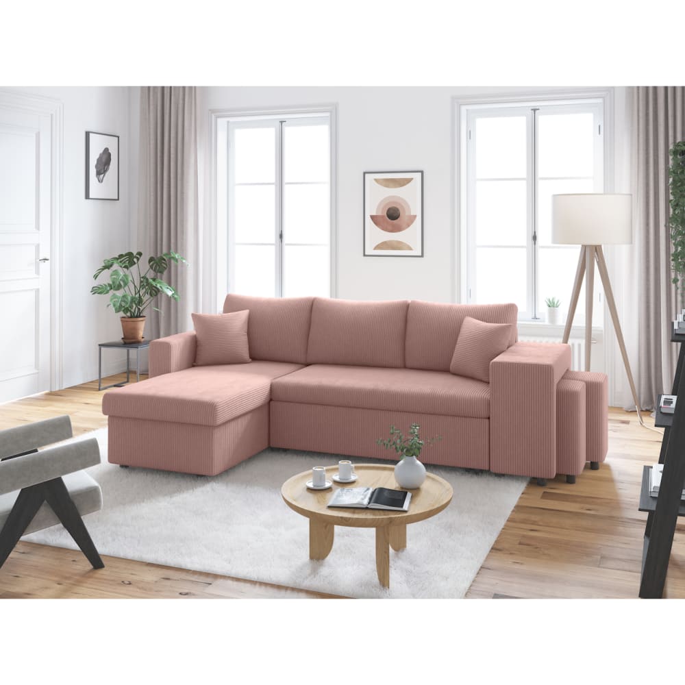 Canapé convertible avec 2 poufs droit en velours côtelé - Rose