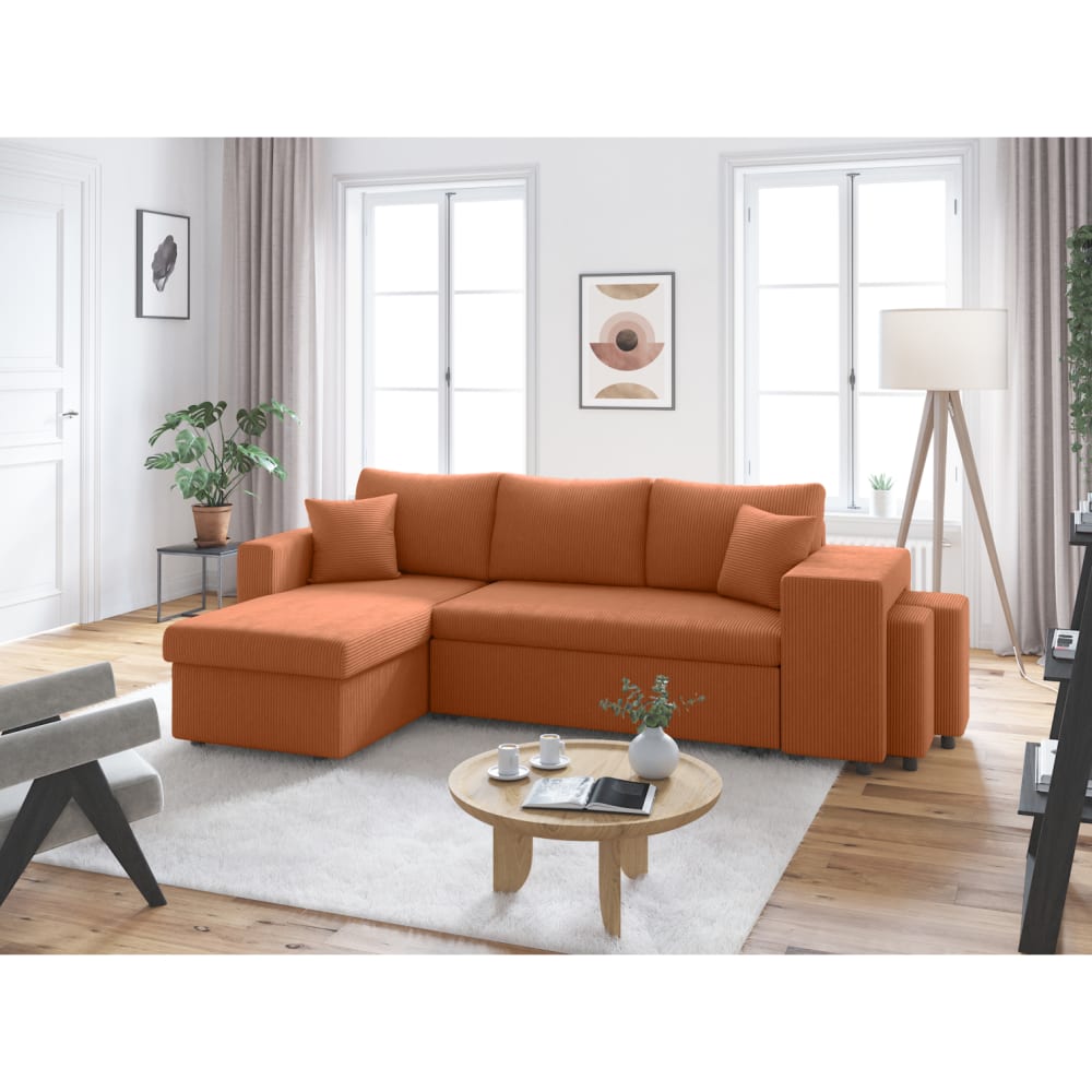 Canapé convertible avec 2 poufs droit en velours côtelé - Terracotta