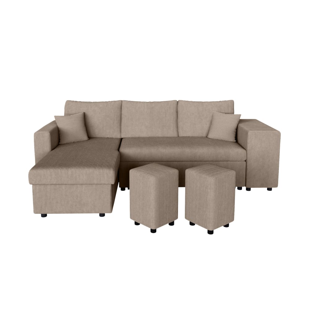 Canapé convertible avec 2 poufs droit en velours côtelé - Taupe