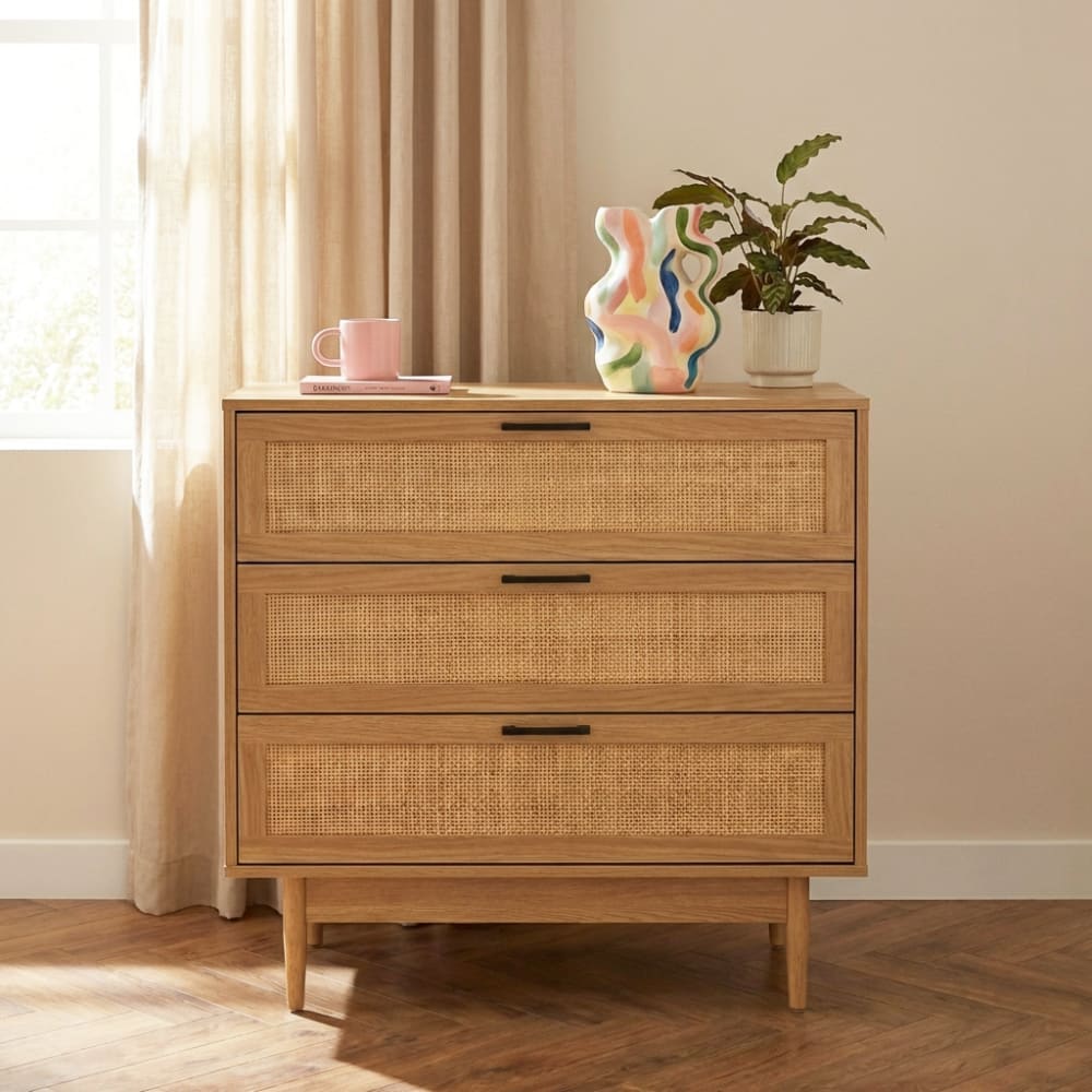 Commode  effet chêne et cannage rotin 3 tiroirs 80cm