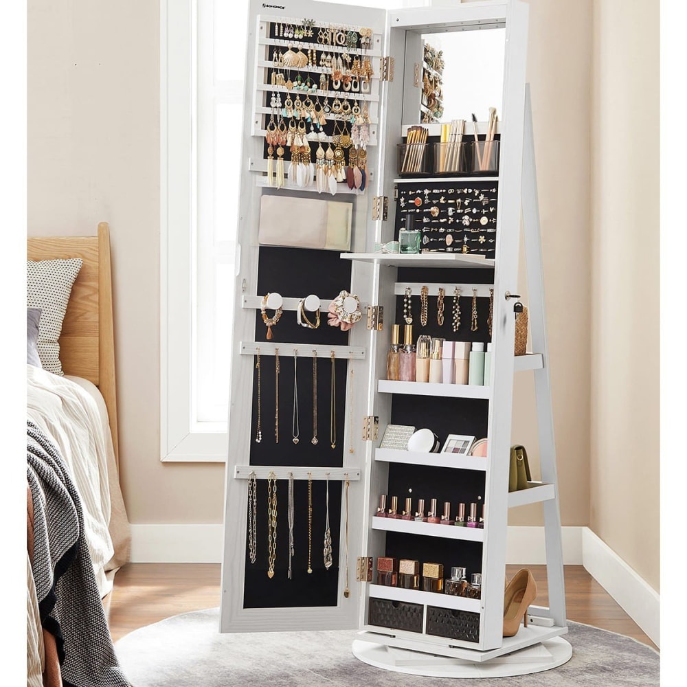 Rangement à bijoux sur pied avec miroir - H162 cm - Blanc