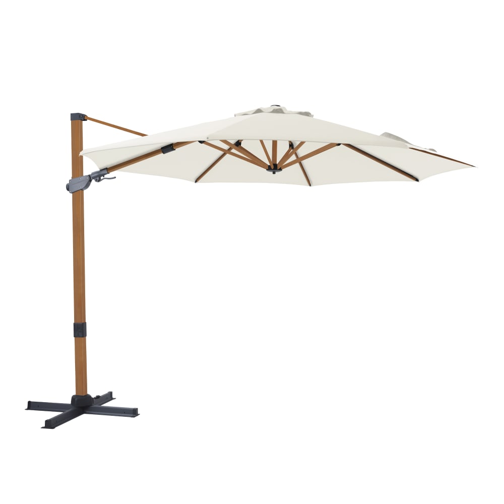 Parasol déporté rond, inclinable, aluminium bois/beige, Ø 300cm