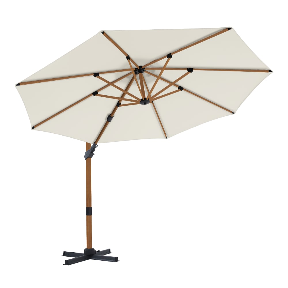 Parasol déporté rond, inclinable, aluminium bois/beige, Ø 300cm