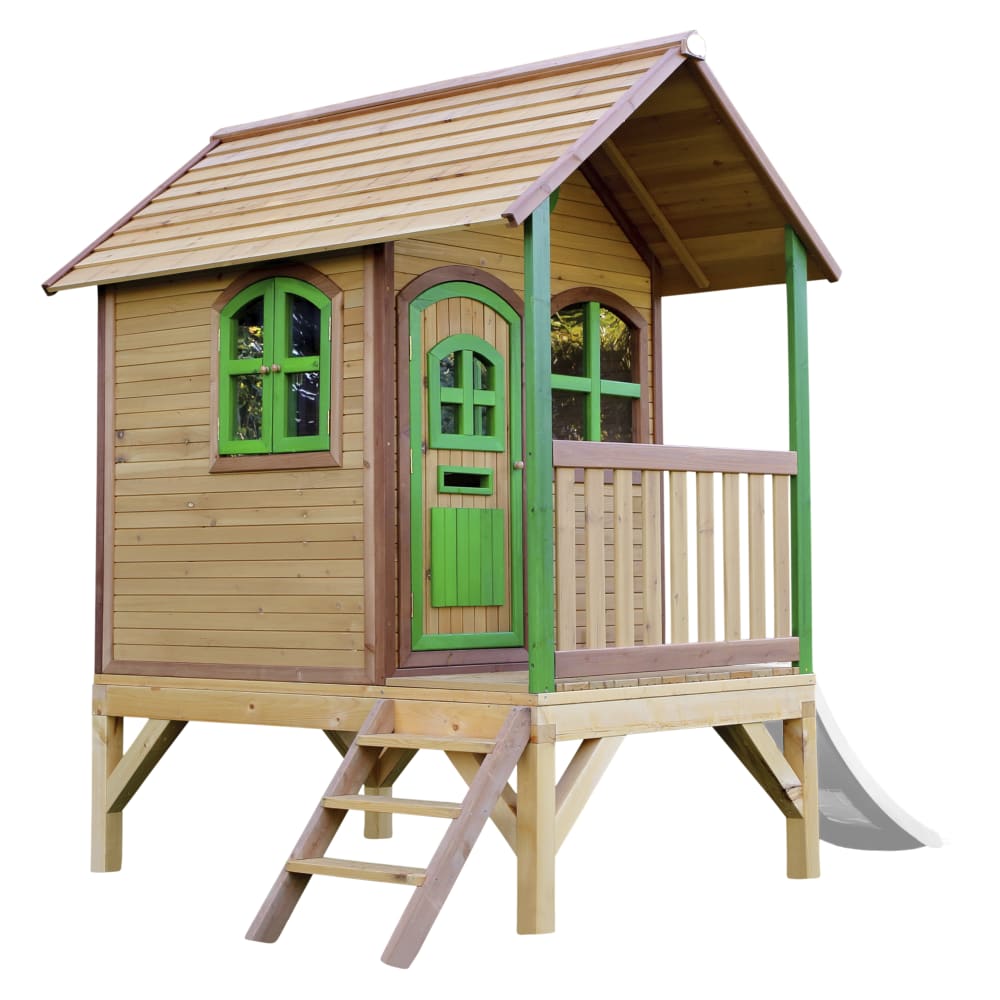 Maisonnette enfant avec toboggan blanc, en bois FSC, marron/vert