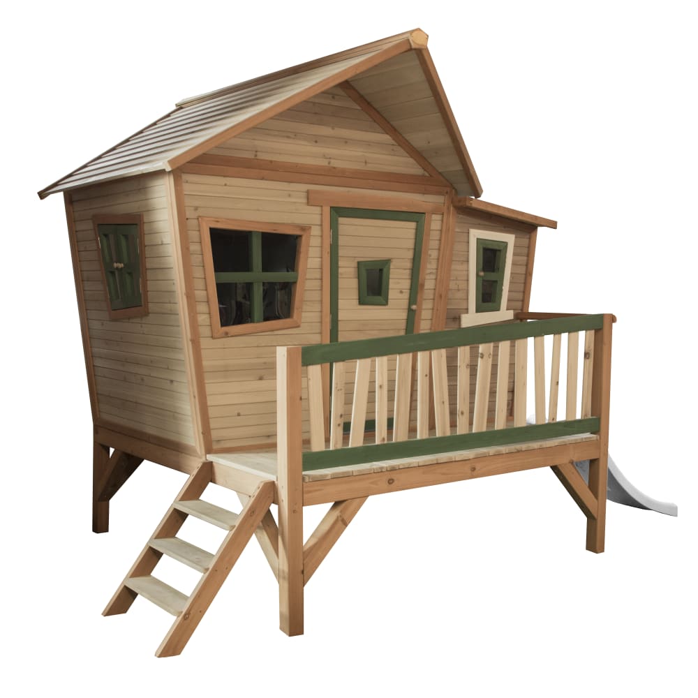 Maisonnette enfant avec toboggan blanc, Bois FSC, marron/vert