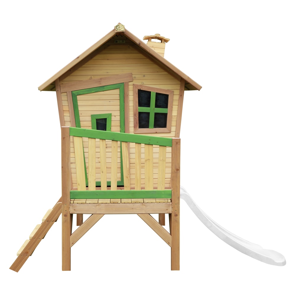 Spielhaus aus FSC Holz mit weißer Rutsche, braun/grün - Maisons