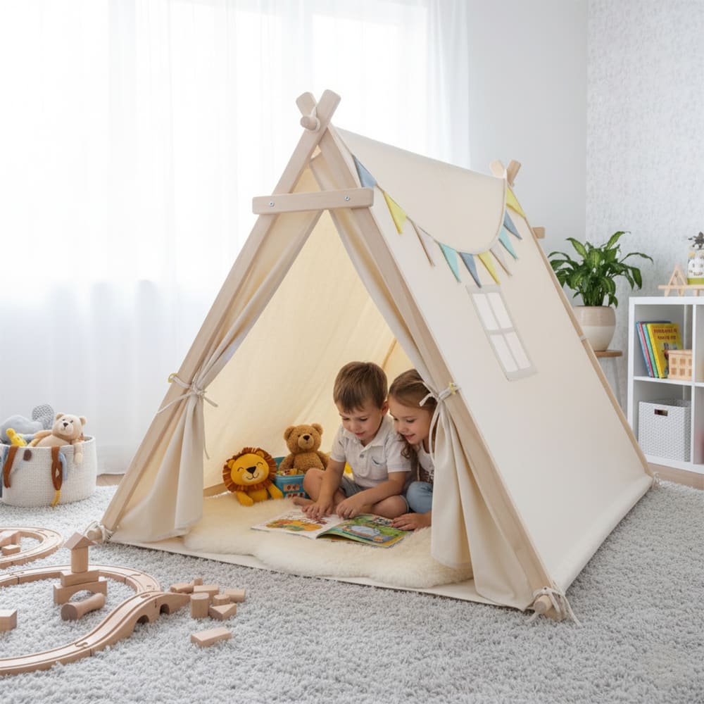 Tente de jeu pour enfants avec fenêtre & tapis, beige, 120 cm x 100 cm (Sunny) - Image 2
