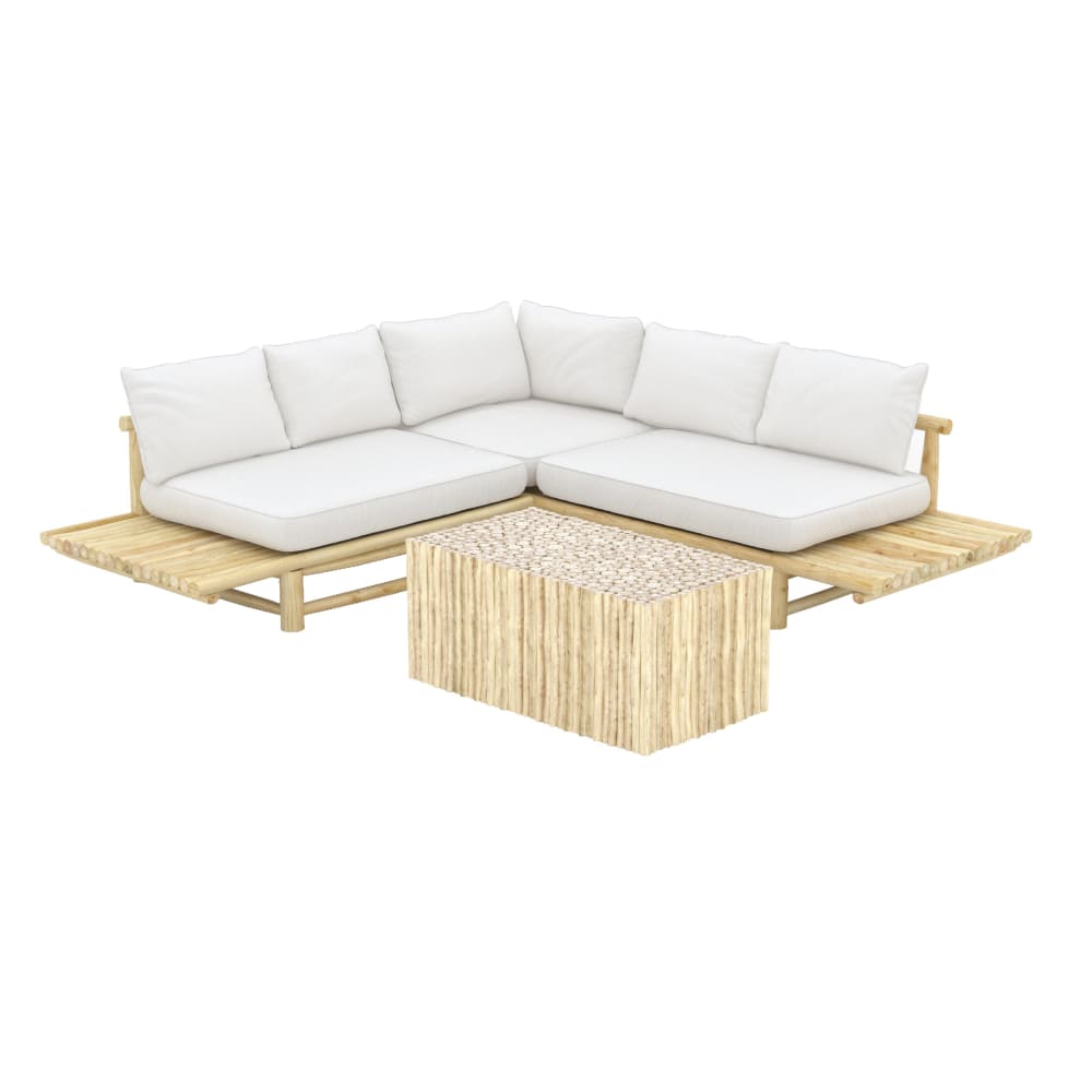 Salon de jardin blanc 4 personnes en bois de teck, canapé, table basse