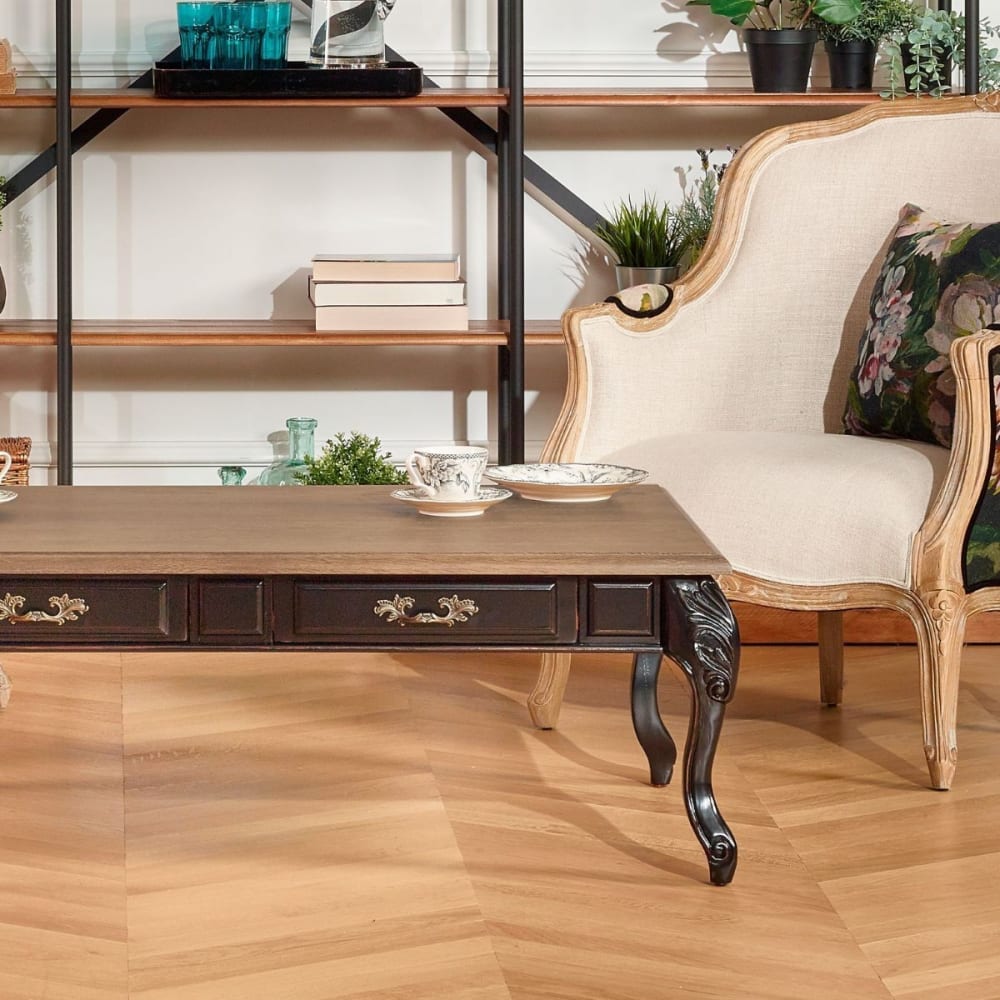 Table basse rectangulaire style shabby chic, plateau en chêne noire