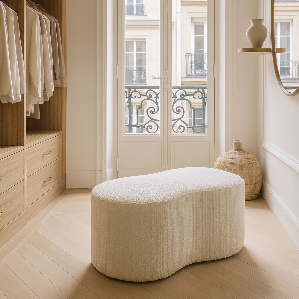 Now's Home Banc en bouclette blanche et structure en bois style classique chic - Tissu