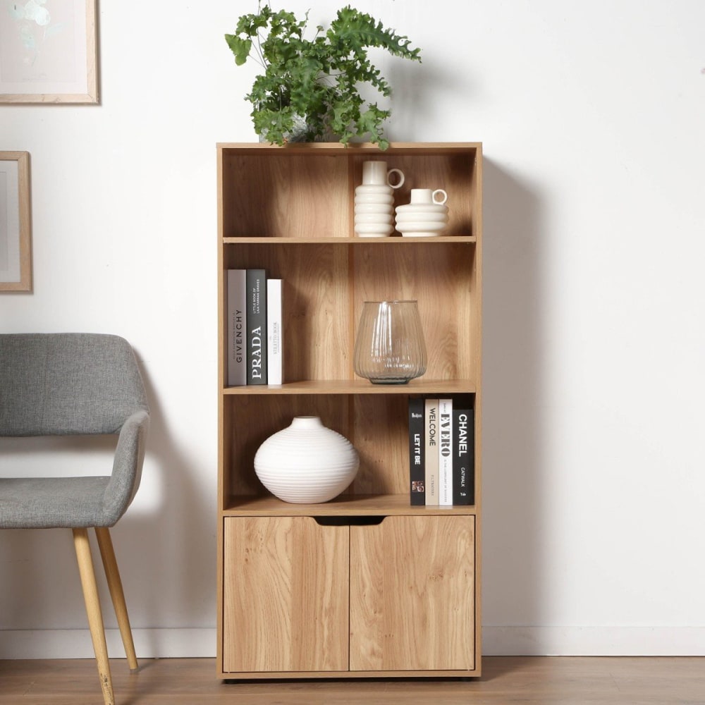 Etagère 3 niveaux et rangement 2 portes - h120 cm - bois