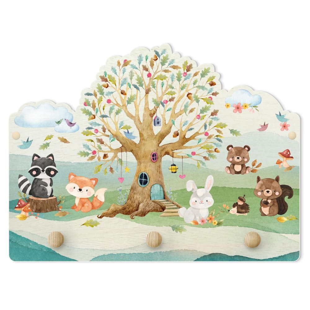 micasia Kindergarderobe Holz - Aquarell Waldtiere mit Baum, bunt 40 x 30 cm style classic chic MEHRFARBIG Öko-Tex Zertifikat HOLZ Kinder