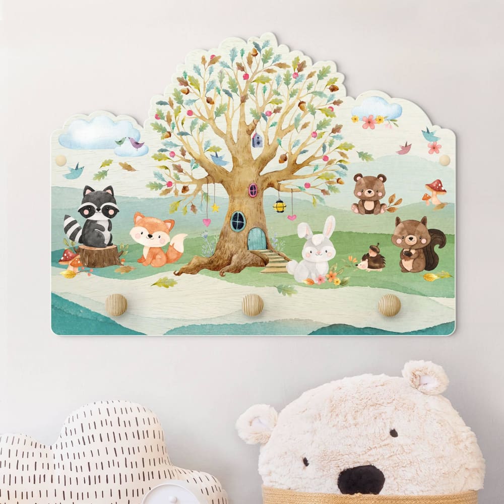 Kindergarderobe Holz - Aquarell Waldtiere mit Baum, bunt 40 x 30