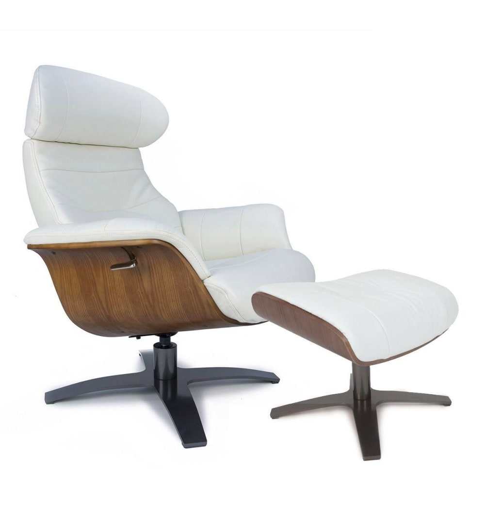 Fauteuil relax et son  pouf en cuir blanc et chêne naturel