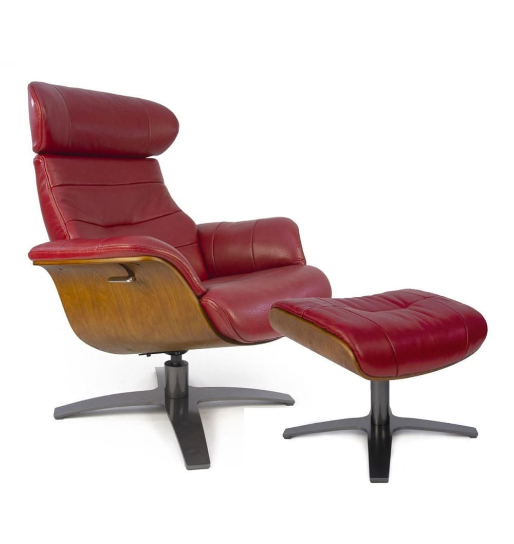 Fauteuil relax manuel et pouf en cuir rouge et chêne naturel style contemporain Rouge Cuir
