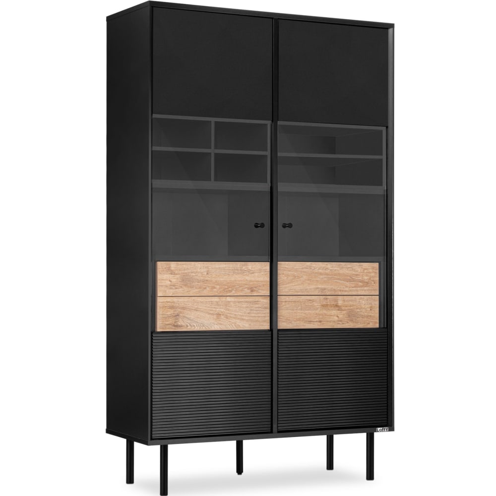 KONSIMO Vitrinenschrank mit Kreuzeinlage, schwarz style industrial - Holz