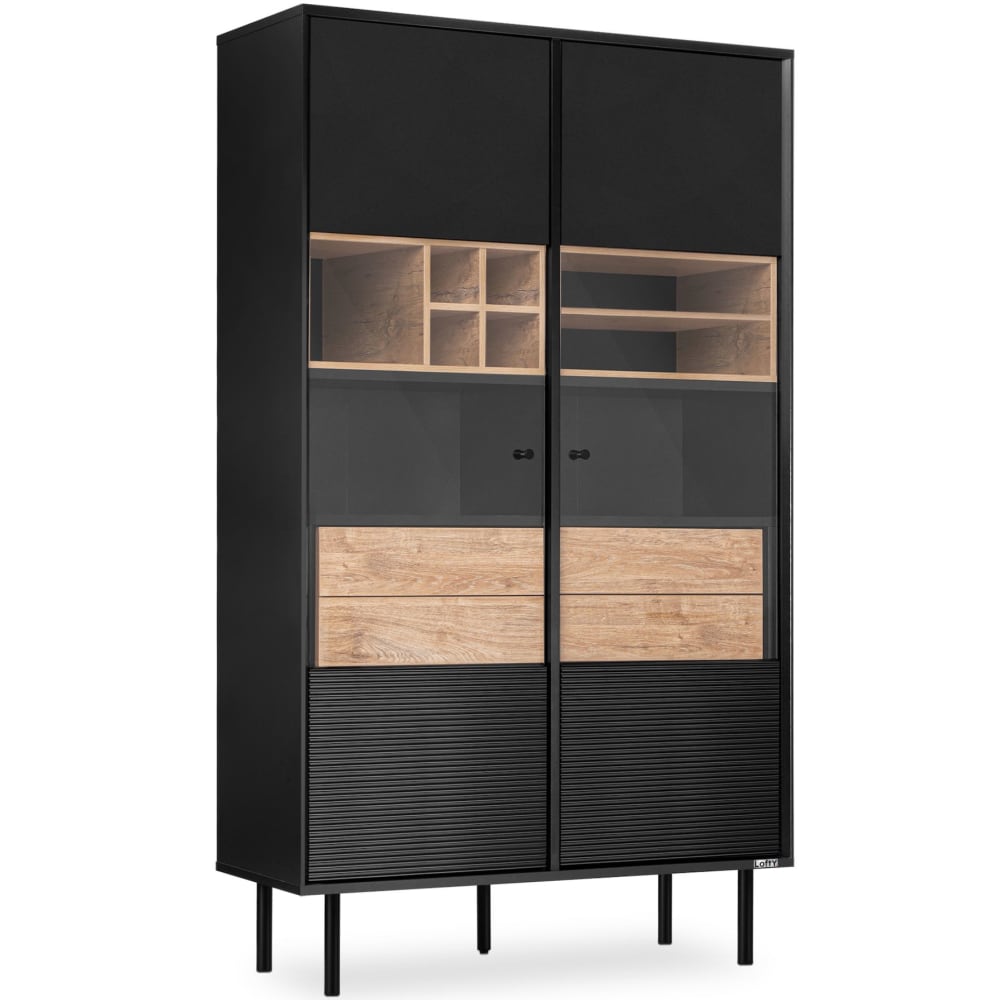 KONSIMO Vitrinenschrank mit Schubladen, schwarz style industrial - Holz