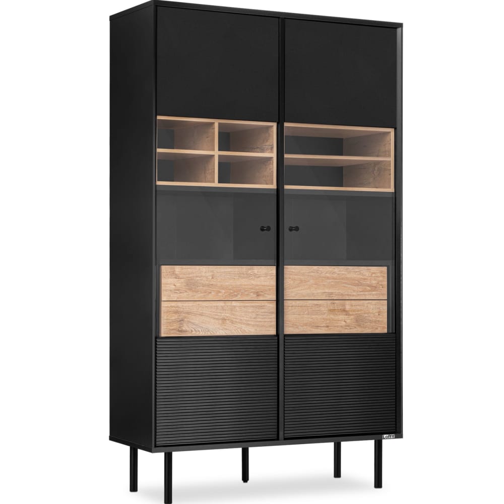 KONSIMO Vitrinenschrank mit Kreuzeinlage, schwarz style industrial - Holz