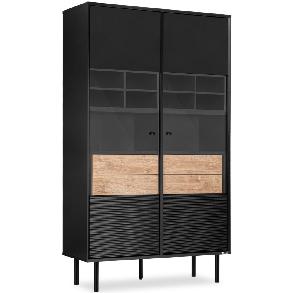 KONSIMO Vitrinenschrank mit Kreuzeinlage, schwarz style industrial - Holz