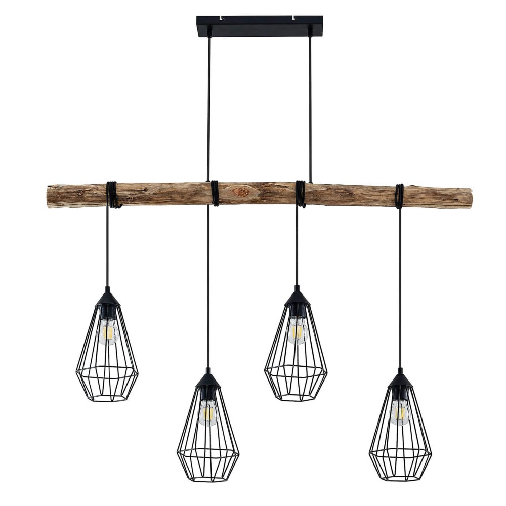 Lindby Pendelleuchte aus Metall, schwarz matt, Holz hell style landhaus Braun Metall