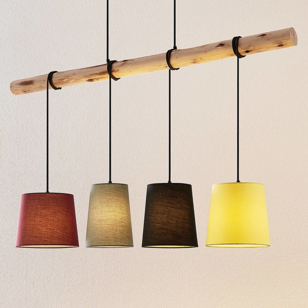 Pendelleuchte aus Holz, rot, grau, schwarz, gelb, Holz hell -