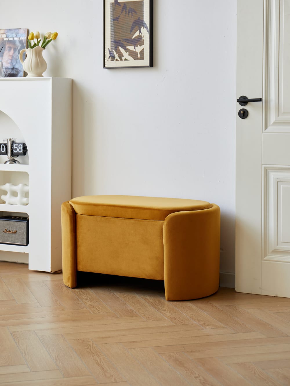Banc coffre avec rangement en velours jaune moutarde