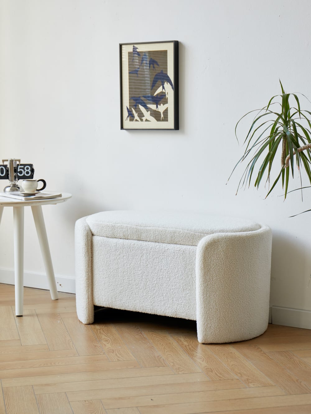 Banc coffre avec rangement en bouclettes blanches
