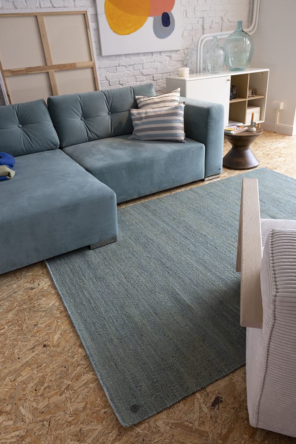 Tapis de salon fin en jute fabriqué à la main Turquoise 70x140 cm - Maisons du Monde