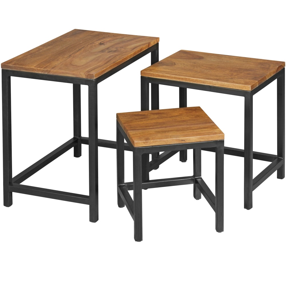 Lot de 3 tables gigognes en bois massif de sheesham, marron