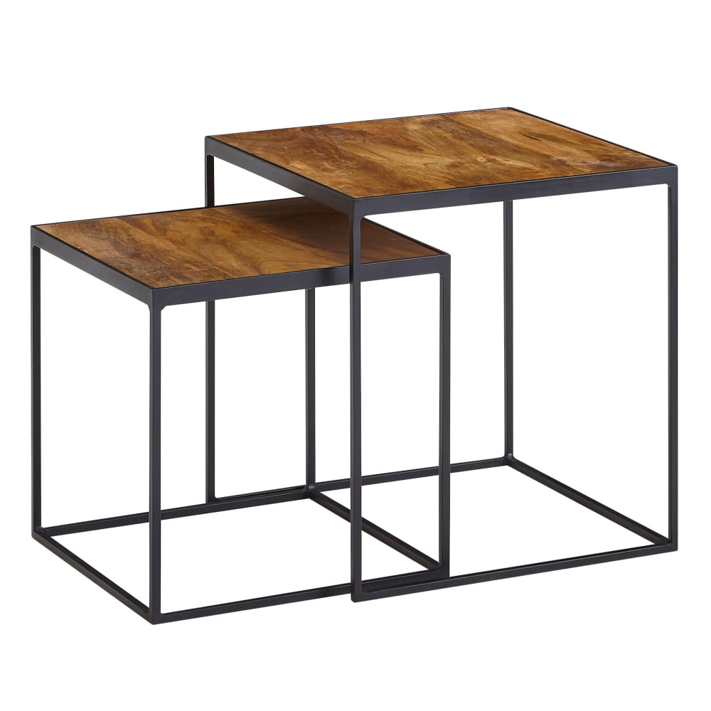 Lot de 2 tables gigognes en bois massif de manguier, marron