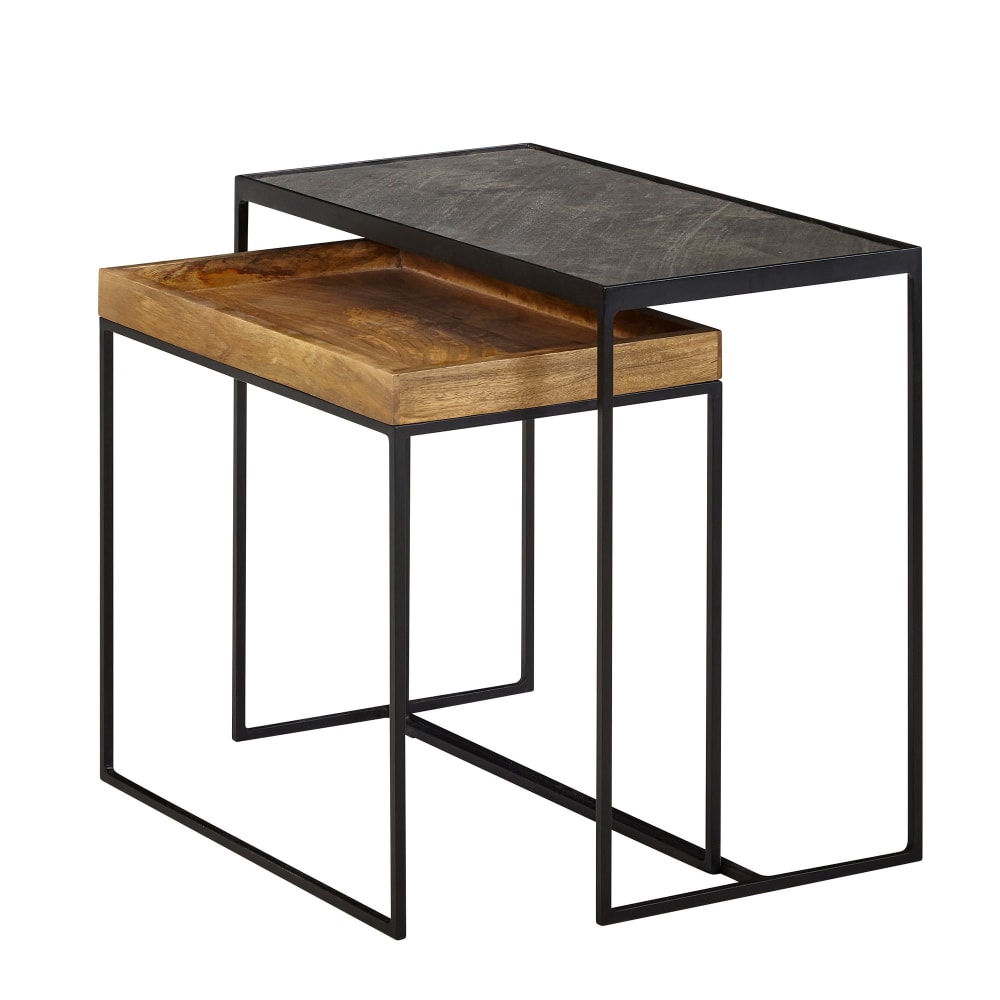 Lot de 2 tables gigognes en bois massif de manguier, marron Lot de 2 tables gigognes en bois massif de manguier, marron