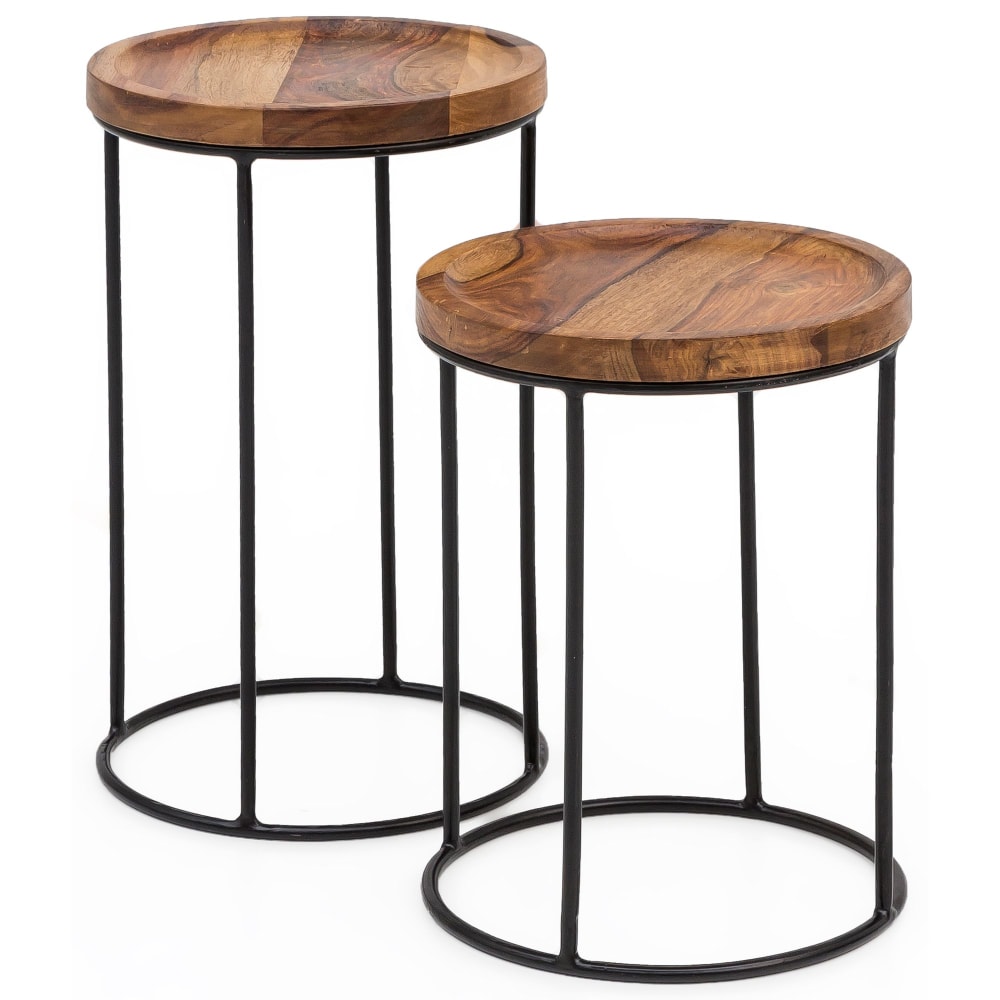 Lot de 2 tables gigognes en bois de sheesham massif, marron