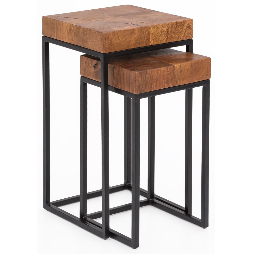 Lot de 2 tables gigognes en bois massif de sheesham, marron Lot de 2 tables gigognes en bois massif de sheesham, marron