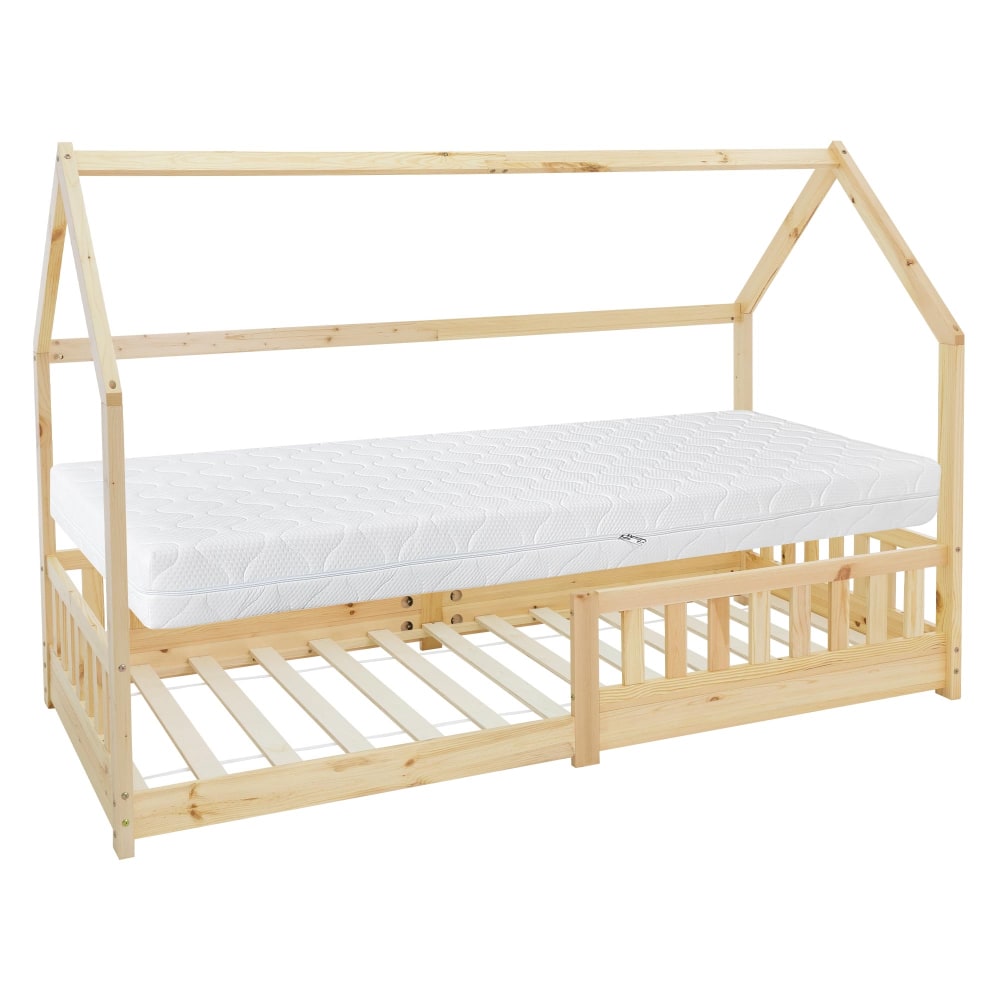 Lit cabane enfant 90x200 cm sommier matelas et barrière inclus beige