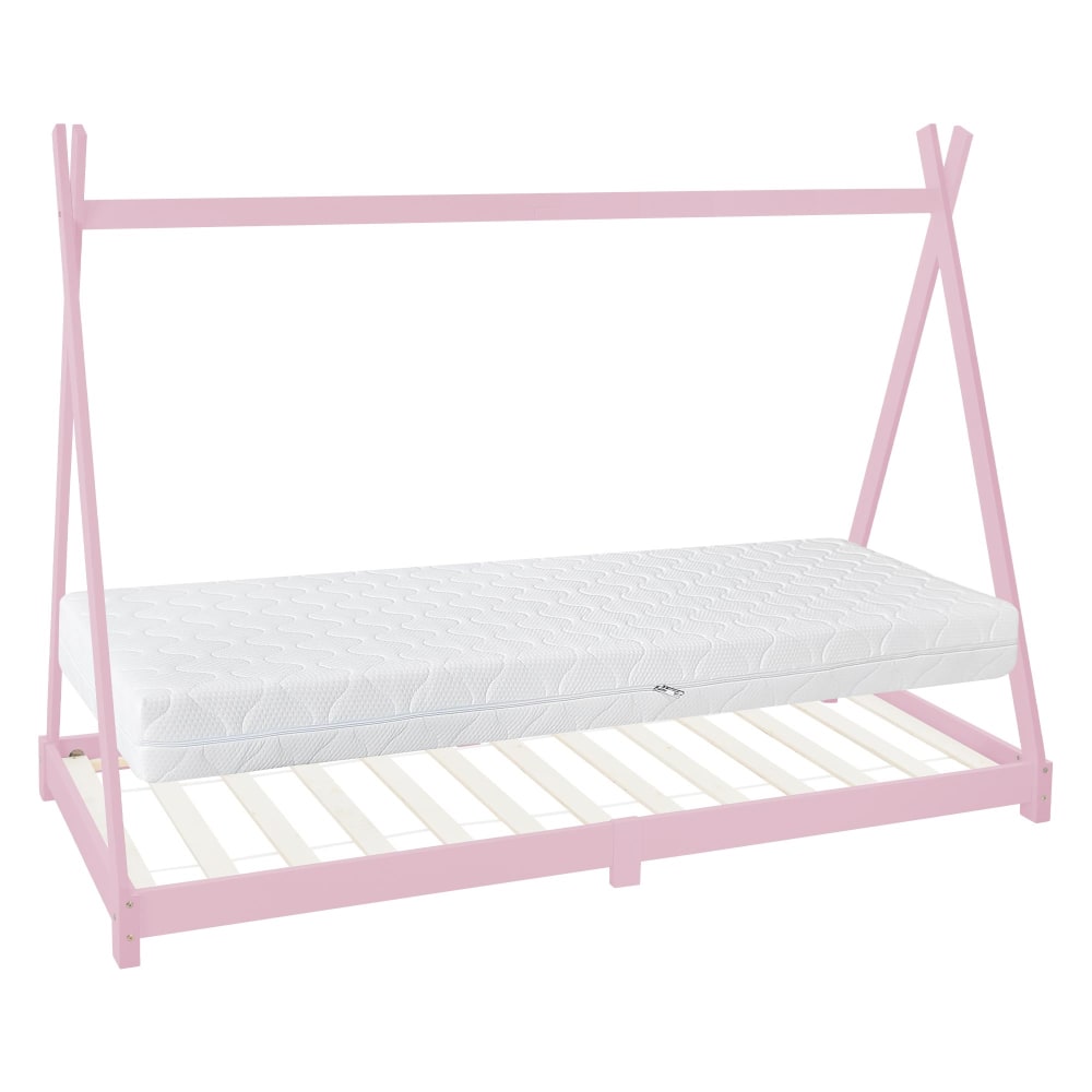 Lit tipi enfant 90x200 cm matelas et sommier inclus bois de pin rose