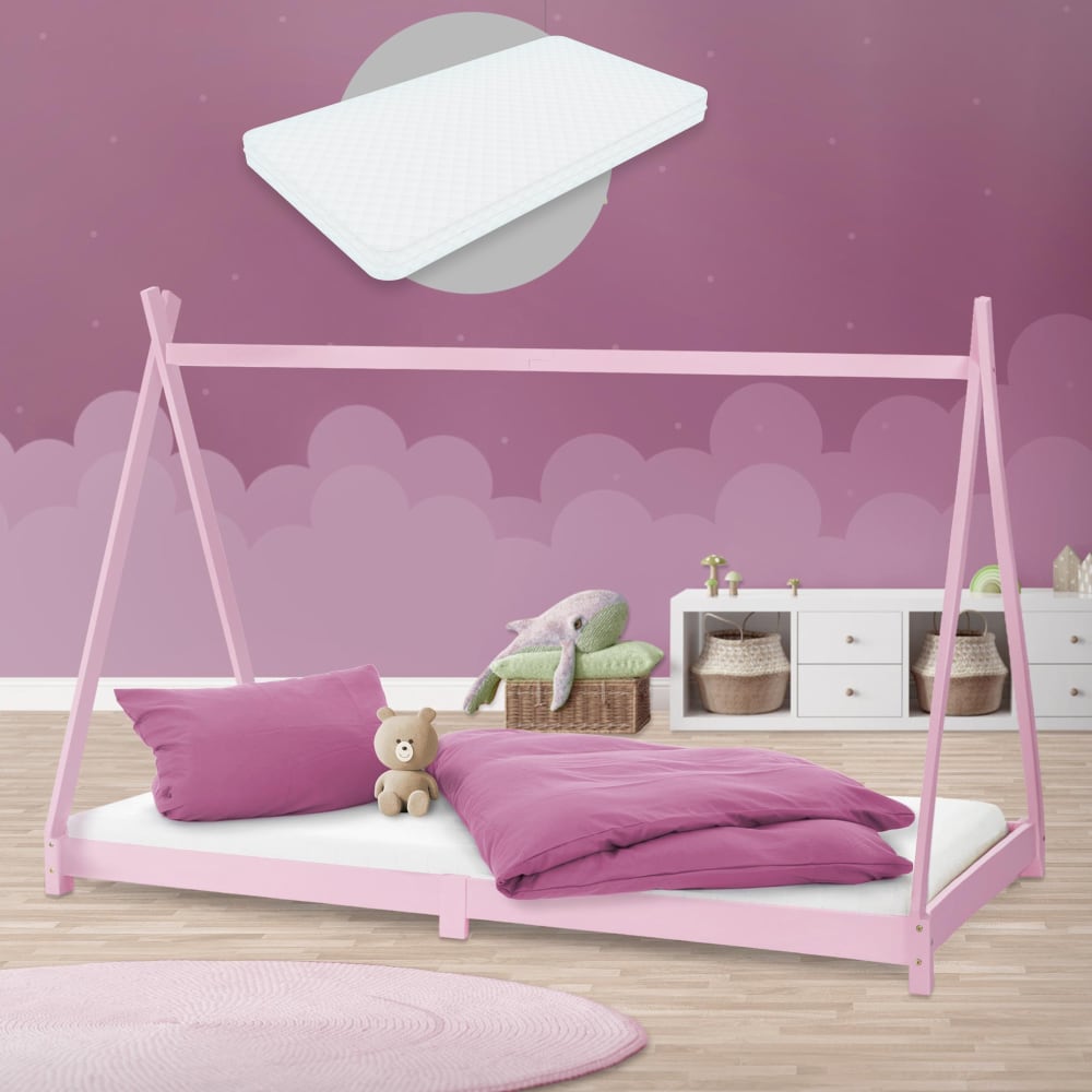 Kinderbett Tipi mit Matratze, 90x200 cm, Rosa, aus Kiefernholz -