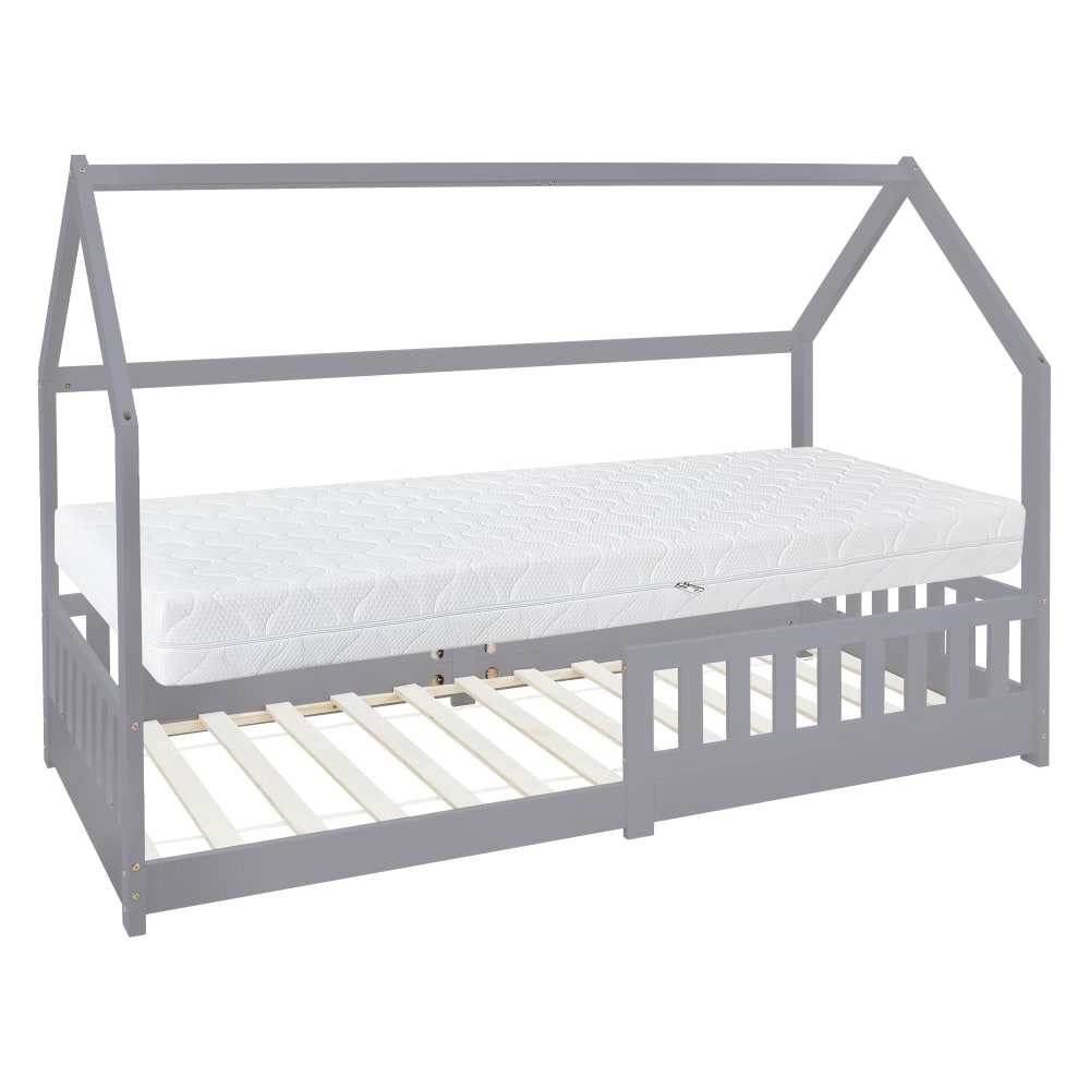 Lit cabane enfant 90x200 cm sommier matelas et barrière inclus gris
