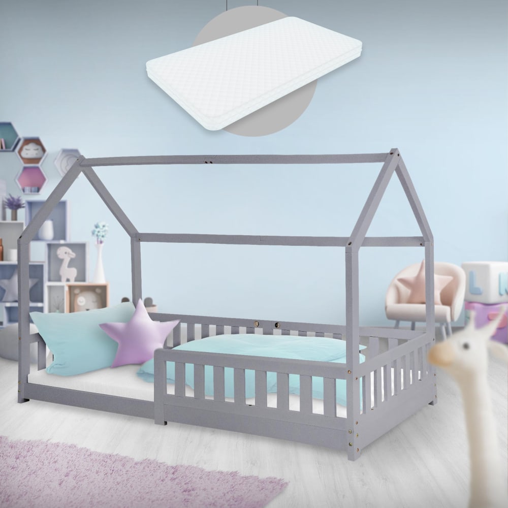 Lit cabane enfant 90x200 cm sommier matelas et barrière inclus gris