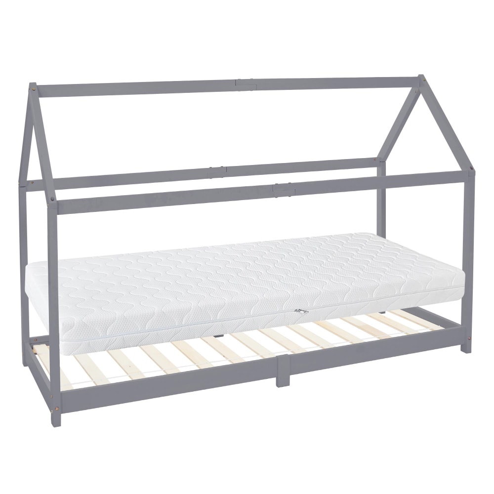 Lit cabane enfant 90x200 cm matelas et sommier inclus bois gris clair