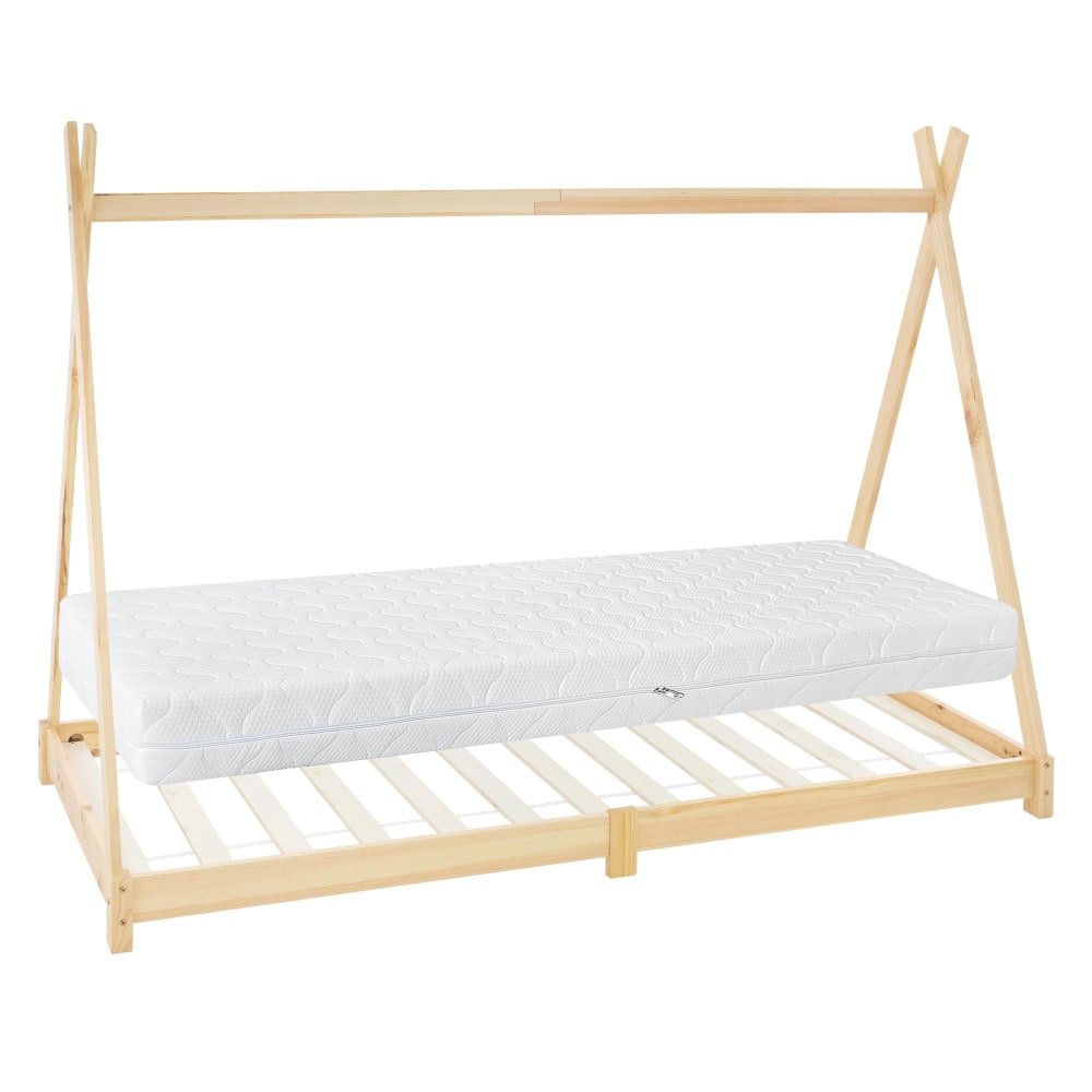 Lit tipi enfant 90x200 cm matelas et sommier inclus bois de pin beige