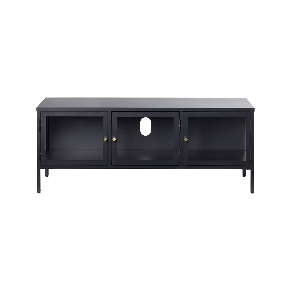 Meuble TV vitré 3 portes en bois noir 132cm BENZEMA métal + verre