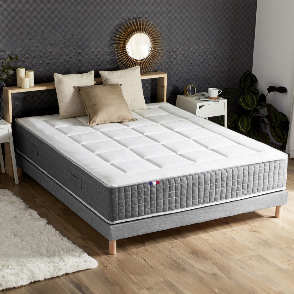 Matelas ressort 7 zones sommier couette oreillers 160x200 gris
